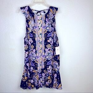 FREE PEOPLE NWT Sleeveless dress with tied opening on back. Navy, purple, gold